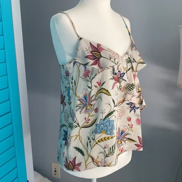 Tucker Womens Cami Tank Top Ruffle Trim Sleeveless V-Neck Floral Ivory Size XS - Picture 2 of 3